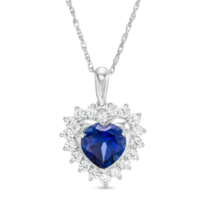 7.0mm Heart-Shaped Lab-Created Blue and White Sapphire Shadow Frame Pendant in Sterling Silver