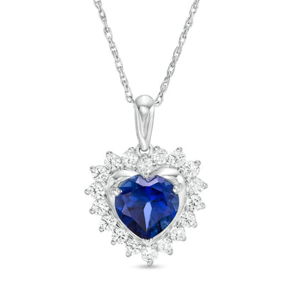7.0mm Heart-Shaped Lab-Created Blue and White Sapphire Shadow Frame Pendant in Sterling Silver