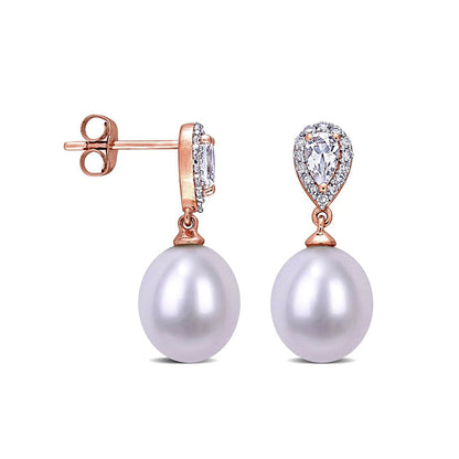 Baroque Cultured Freshwater Pearl, Pear-Shaped White Topaz and 0.13 CT. T.W. Diamond Drop Earrings in 10K Rose Gold