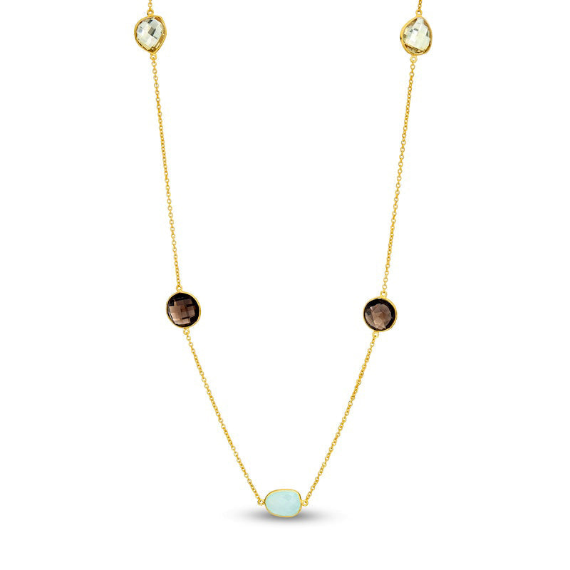 Aquamarine, Lemon and Smoky Quartz Station Necklace in Sterling Silver with 14K Gold Plate - 30