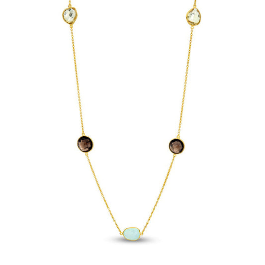 Aquamarine, Lemon and Smoky Quartz Station Necklace in Sterling Silver with 14K Gold Plate - 30