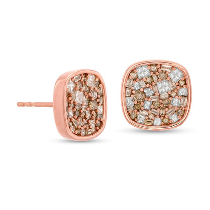 1 CT. T.W. Champagne and White Composite Diamond Cushion Stud Earrings in 10K Rose Gold