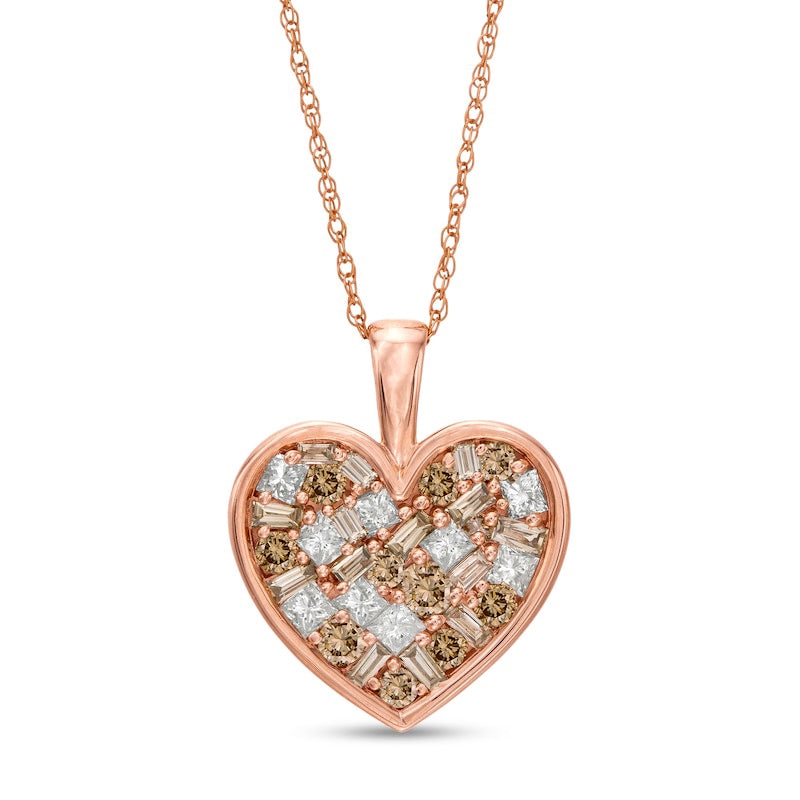 1 CT. T.W. Champagne and White Composite Natural Diamond Heart Pendant in 10K Rose Gold