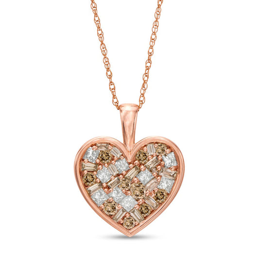 1 CT. T.W. Champagne and White Composite Natural Diamond Heart Pendant in 10K Rose Gold