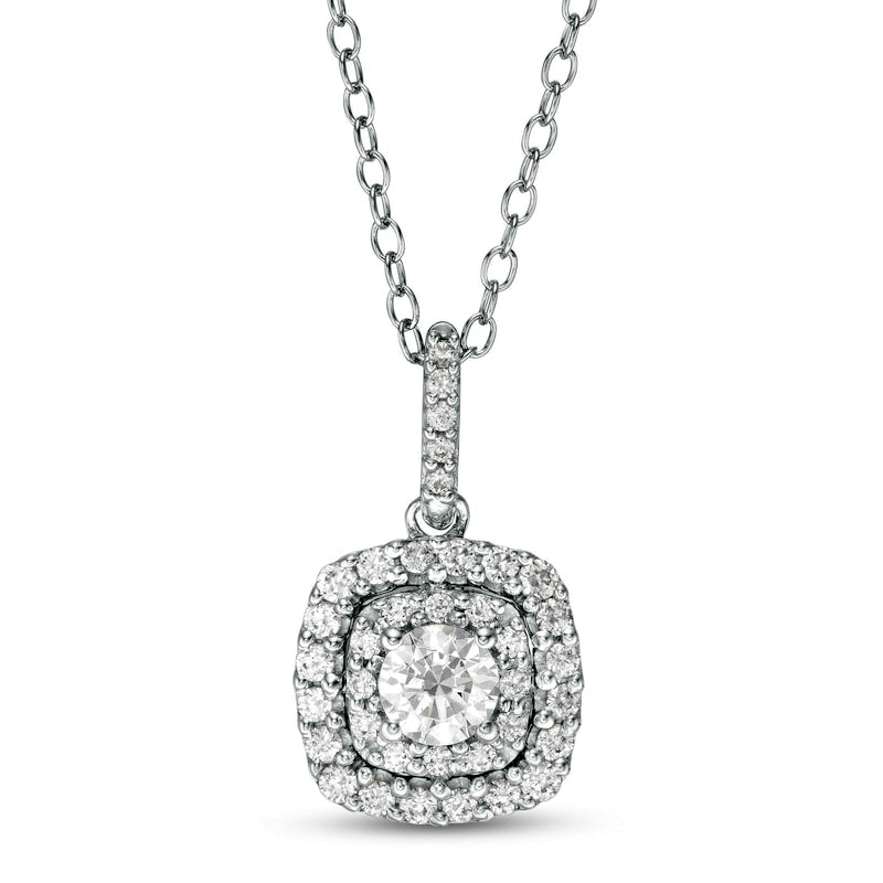 0.63 CT. T.W. Natural Diamond Double Cushion Frame Pendant in 14K White Gold