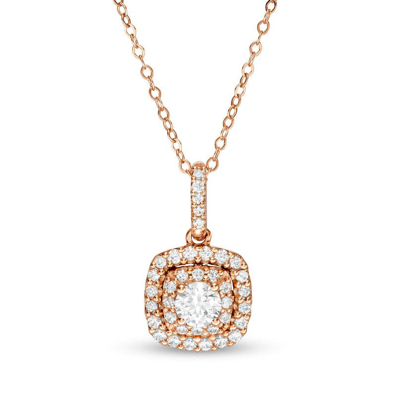 0.63 CT. T.W. Natural Diamond Double Cushion Frame Pendant in 14K Rose Gold