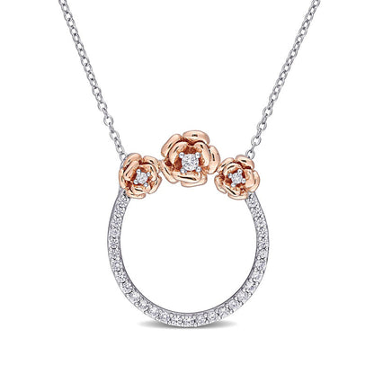 Lab-Created White Sapphire Flower Trio Circle Necklace in Sterling Silver and Rose Rhodium