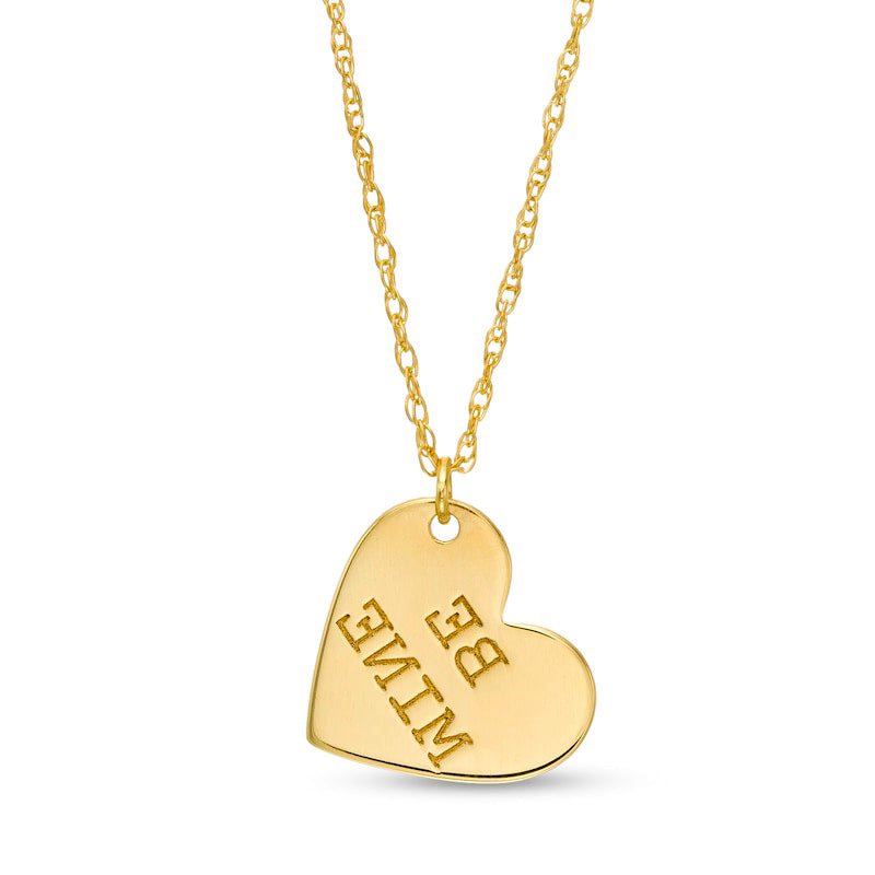 Etched BE MINE" Tilted Heart Pendant in 14K Gold"