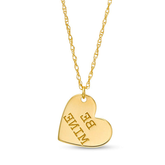 Etched BE MINE" Tilted Heart Pendant in 14K Gold"