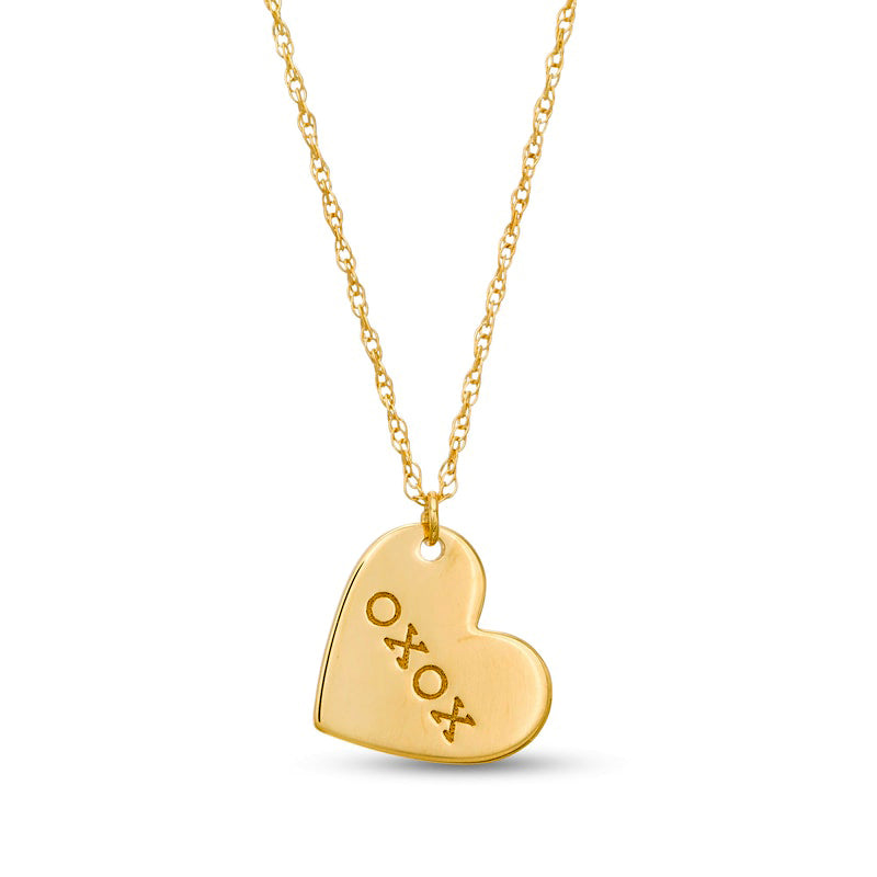 Etched XOXO" Tilted Heart Pendant in 14K Gold"