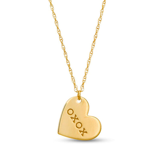 Etched XOXO" Tilted Heart Pendant in 14K Gold"