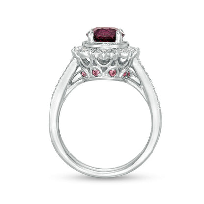 7.0mm Rhodolite and 0.38 CT. T.W. Natural Diamond Sunburst Frame Antique Vintage-Style Bridal Engagement Ring Set in Solid 10K White Gold