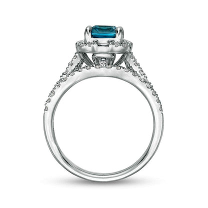 Emerald-Cut Blue Zircon and 0.75 CT. T.W. Natural Diamond Frame Bridal Engagement Ring Set in Solid 10K White Gold