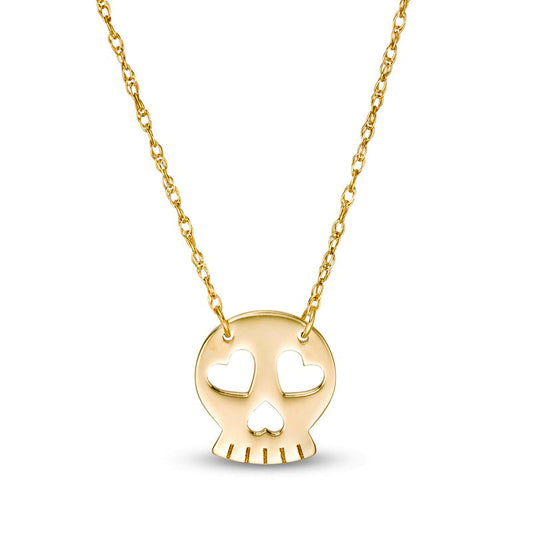 Mini Skull with Heart Eyes Necklace in 14K Gold