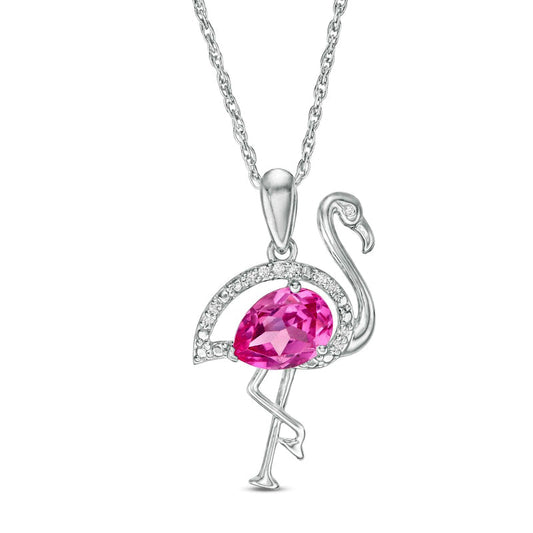 Pear-Shaped Lab-Created Pink Sapphire and Diamond Accent Flamingo Pendant in Sterling Silver