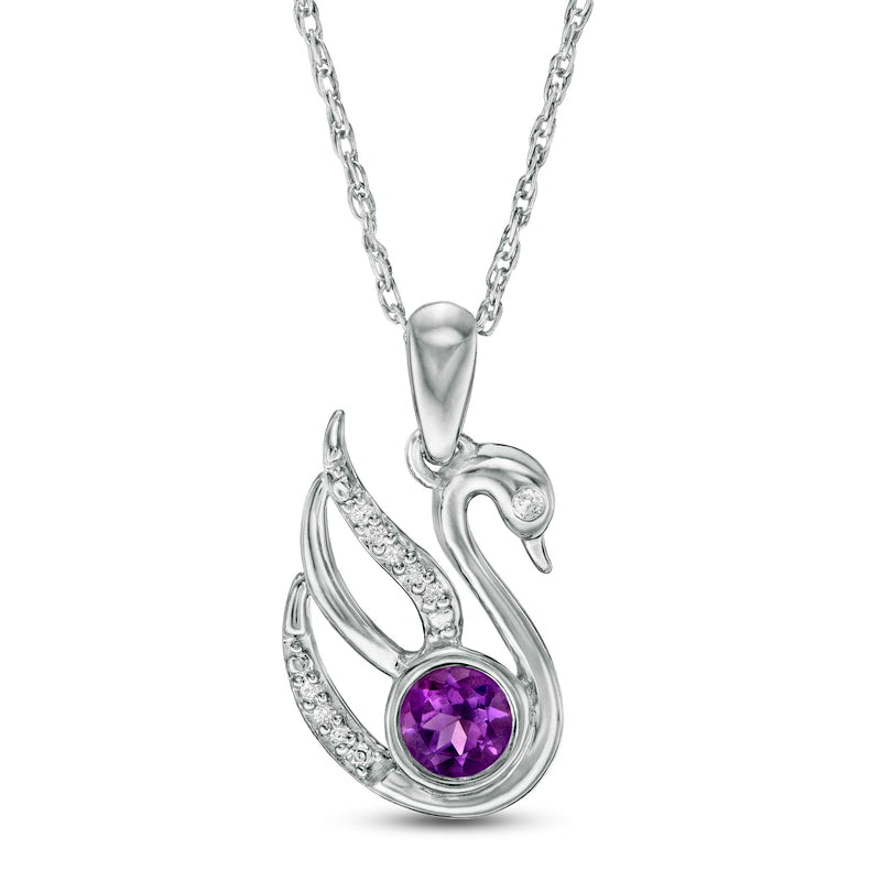 4.0mm Amethyst and Natural Diamond Accent Swan Pendant in Sterling Silver