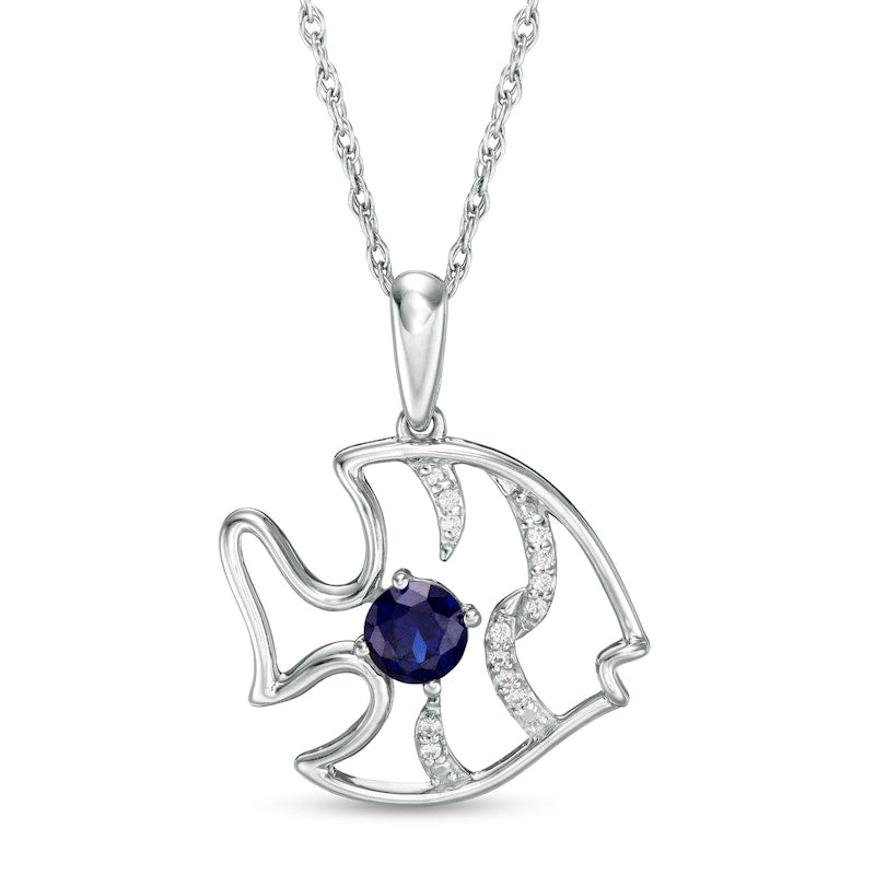 4.0mm Lab-Created Blue Sapphire and Diamond Accent Angel Fish Pendant in Sterling Silver