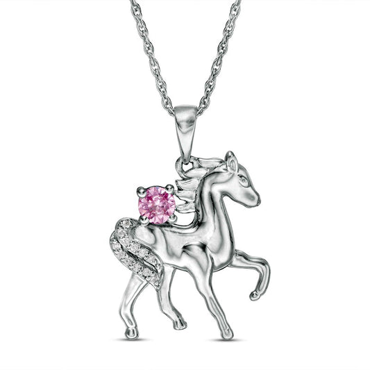 Lab-Created Pink Sapphire and Diamond Accent Prancing Horse Pendant in Sterling Silver
