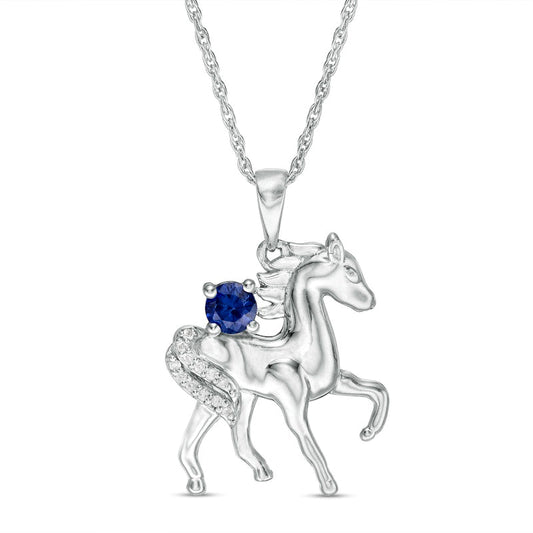 Lab-Created Blue Sapphire and Diamond Accent Prancing Horse Pendant in Sterling Silver