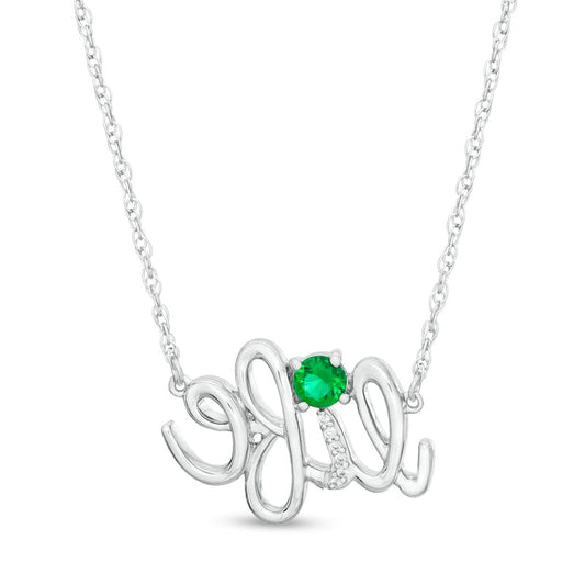 Lab-Created Emerald and Diamond Accent life" Script Necklace in Sterling Silver"