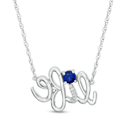Lab-Created Blue Sapphire and Diamond Accent life" Script Necklace in Sterling Silver"