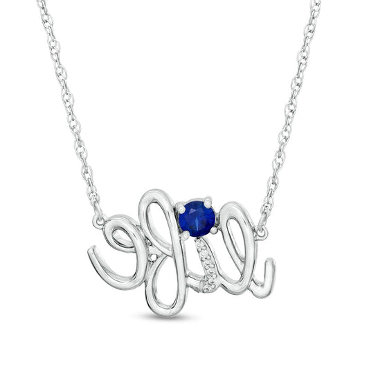 Lab-Created Blue Sapphire and Diamond Accent life" Script Necklace in Sterling Silver"