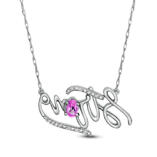 Oval Lab-Created Pink Sapphire and Diamond Accent Strong" Script Necklace in Sterling Silver"