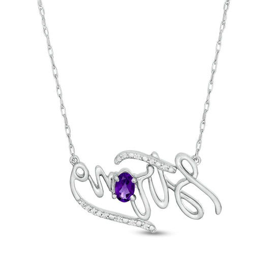 Oval Amethyst and Natural Diamond Accent Strong" Script Necklace in Sterling Silver"
