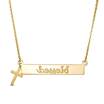 blessed" Horizontal Bar and Cross Charm Necklace in 14K Gold"