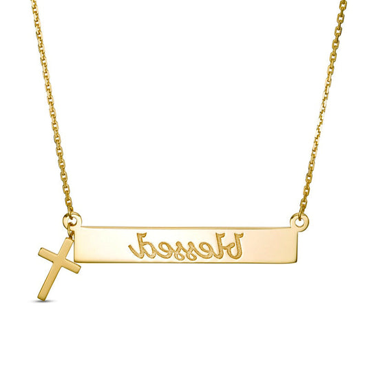 blessed" Horizontal Bar and Cross Charm Necklace in 14K Gold"