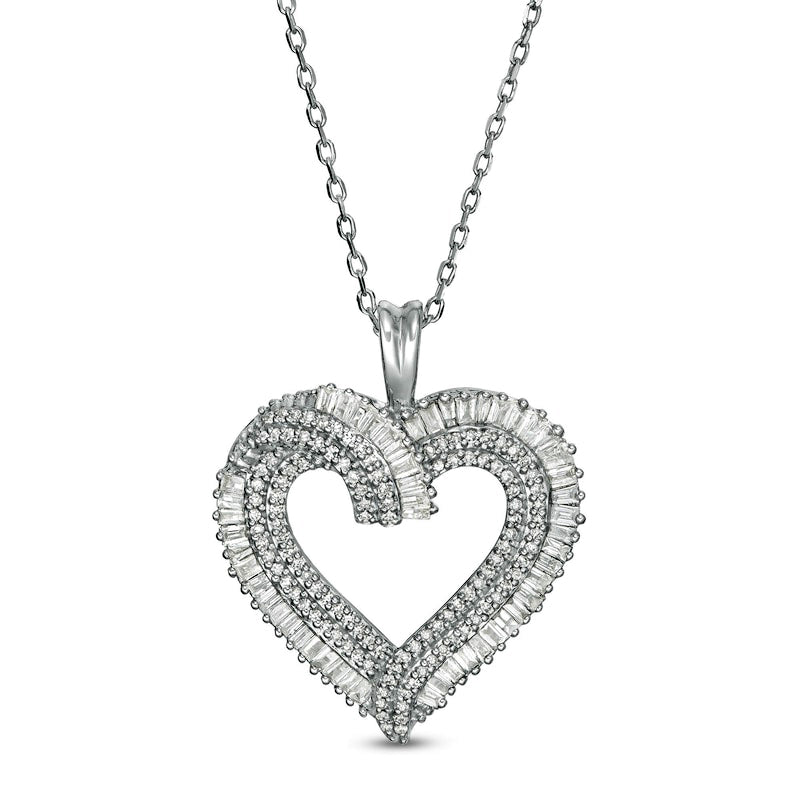 0.5 CT. T.W. Baguette and Round Natural Diamond Multi-Row Heart Pendant in 10K White Gold