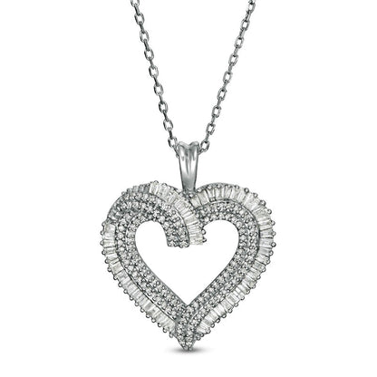0.5 CT. T.W. Baguette and Round Natural Diamond Multi-Row Heart Pendant in 10K White Gold