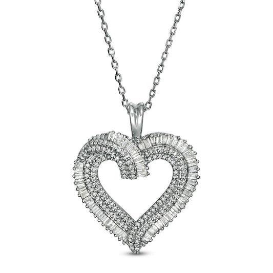 0.5 CT. T.W. Baguette and Round Natural Diamond Multi-Row Heart Pendant in 10K White Gold