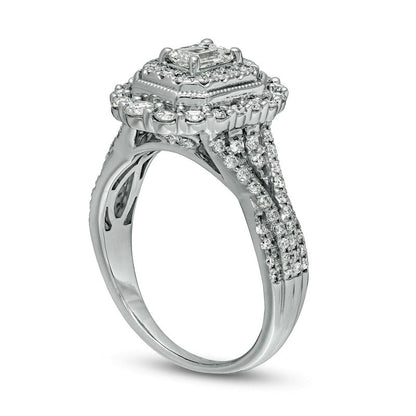 1.0 CT. T.W. Emerald-Cut Natural Diamond Double Octagonal Frame Split Shank Antique Vintage-Style Engagement Ring in Solid 14K White Gold