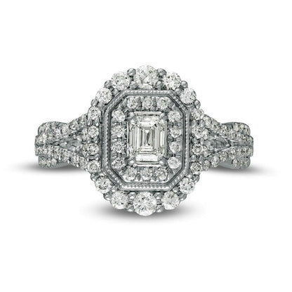 1.0 CT. T.W. Emerald-Cut Natural Diamond Double Octagonal Frame Split Shank Antique Vintage-Style Engagement Ring in Solid 14K White Gold