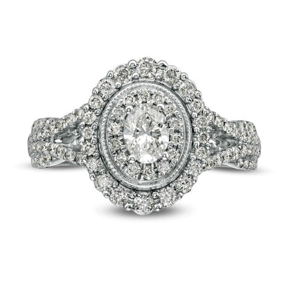 1.0 CT. T.W. Oval Natural Diamond Double Frame Split Shank Antique Vintage-Style Engagement Ring in Solid 14K White Gold