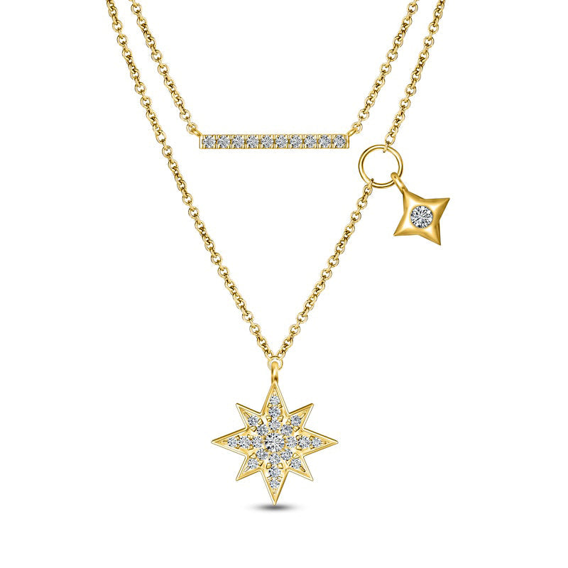 0.25 CT. T.W. Composite Natural Diamond Sideways Bar and North Star Double Strand Necklace in 10K Yellow Gold