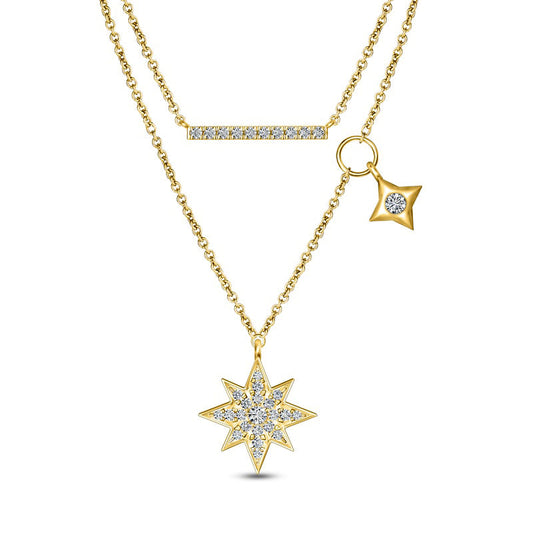 0.25 CT. T.W. Composite Natural Diamond Sideways Bar and North Star Double Strand Necklace in 10K Yellow Gold