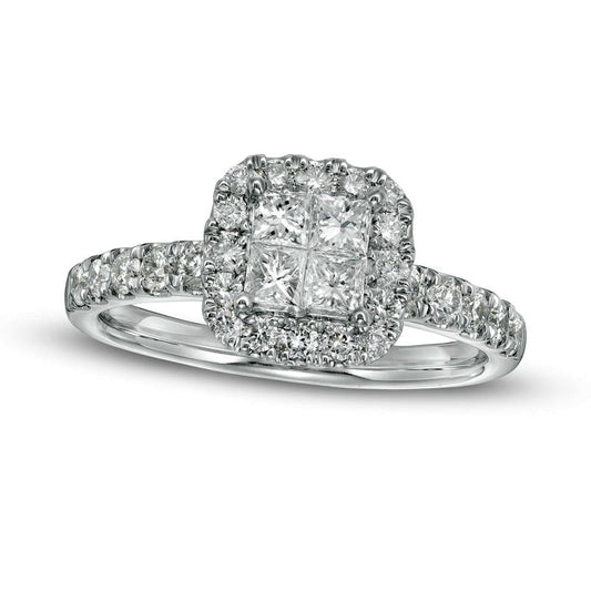 1.0 CT. T.W. Quad Princess-Cut Natural Diamond Frame Engagement Ring in Solid 14K White Gold