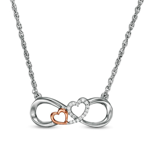 0.05 CT. T.W. Natural Diamond Double Heart Infinity Loop Necklace in Sterling Silver with 14K Rose Gold Plate -17.5