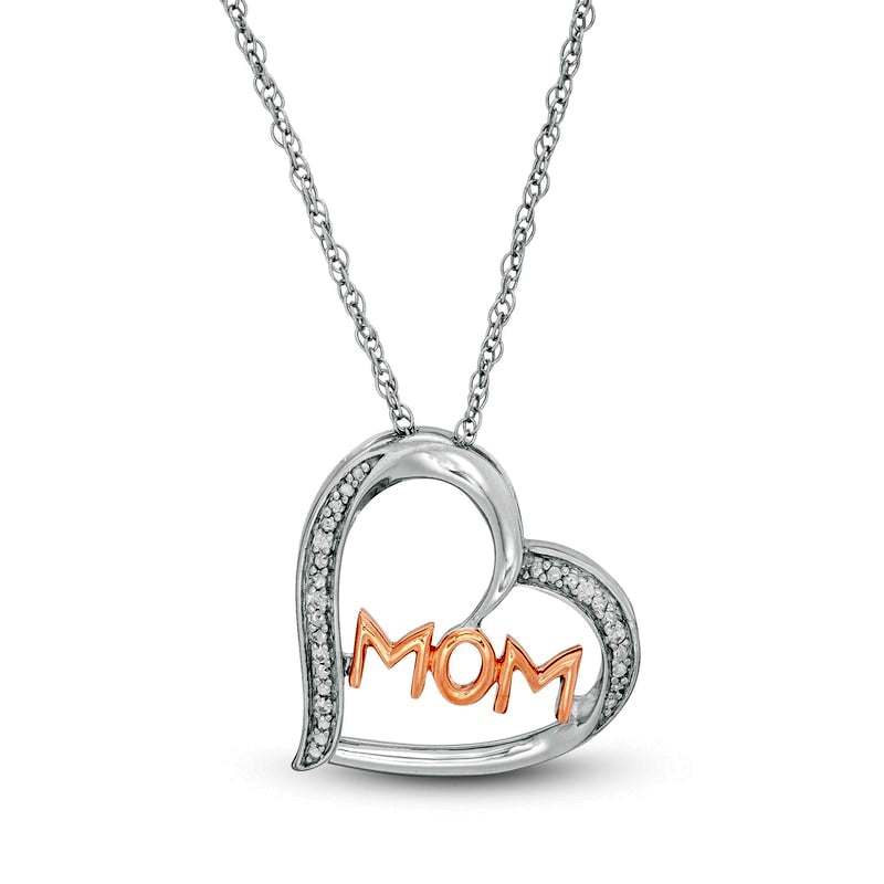 Natural Diamond Accent MOM" Tilted Heart Pendant in Sterling Silver and 10K Rose Gold"