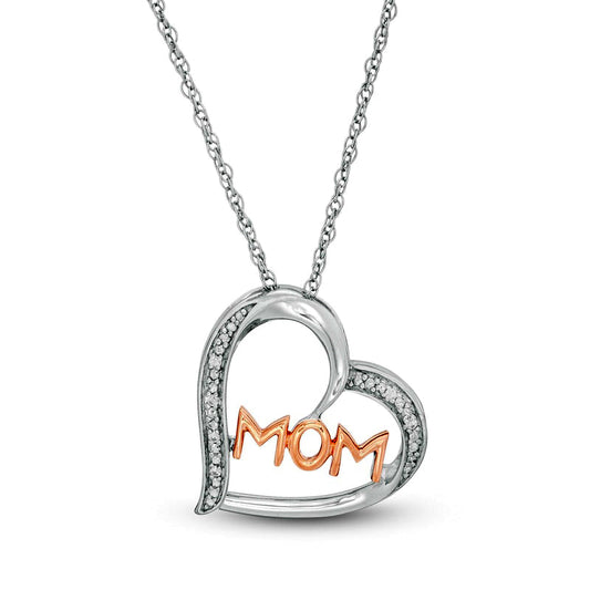 Natural Diamond Accent MOM" Tilted Heart Pendant in Sterling Silver and 10K Rose Gold"