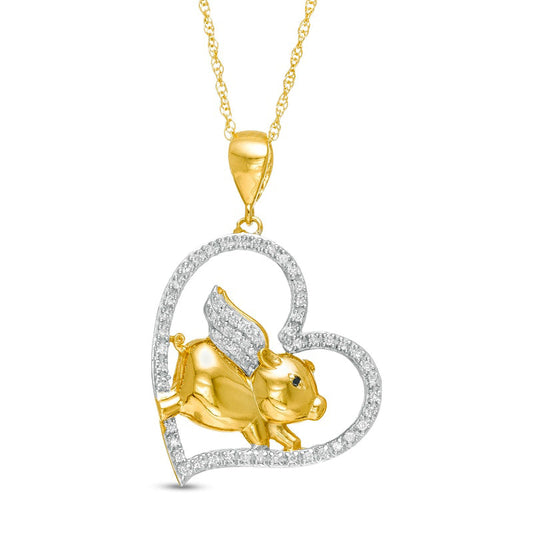 0.17 CT. T.W. Enhanced Black and White Natural Diamond Pig with Wings Heart Pendant in Sterling Silver with 14K Gold Plate