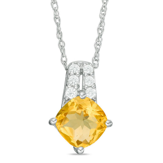 7.0mm Cushion-Cut Citrine and Lab-Created White Sapphire Pendant in Sterling Silver