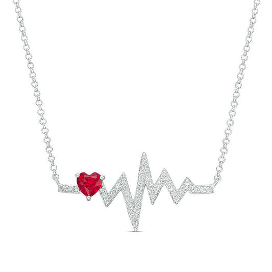 5.0mm Heart-Shaped Lab-Created Ruby and White Sapphire Heartbeat Necklace in Sterling Silver - 17.25