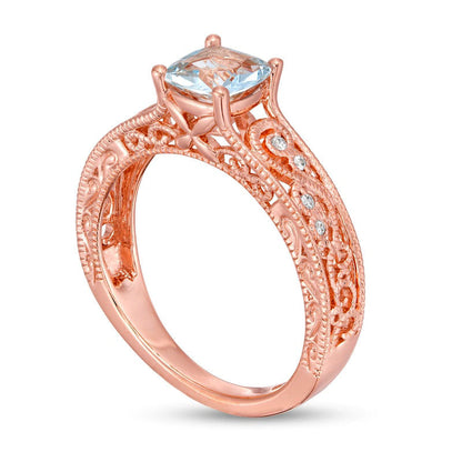 6.0mm Cushion-Cut Aquamarine and 0.05 CT. T.W. Natural Diamond Scroll Open Shank Antique Vintage-Style Ring in Solid 10K Rose Gold