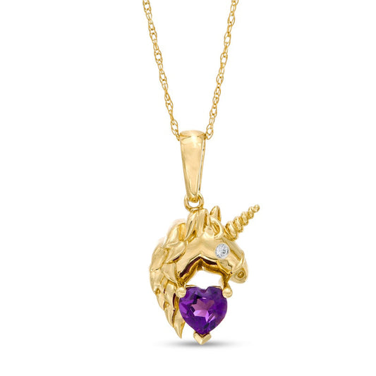 5.0mm Heart-Shaped Amethyst and Natural Diamond Accent Unicorn Pendant in 10K Yellow Gold