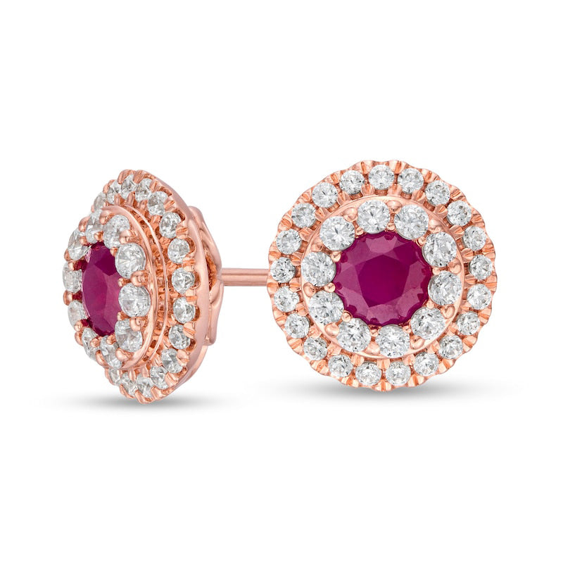 4.0mm Ruby and 0.5 CT. T.W. Diamond Double Frame Stud Earrings in 10K Rose Gold