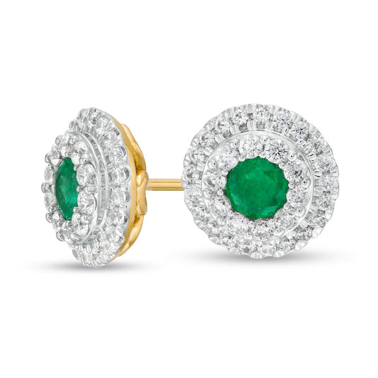 4.0mm Emerald and 0.5 CT. T.W. Diamond Double Frame Stud Earrings in 10K Gold