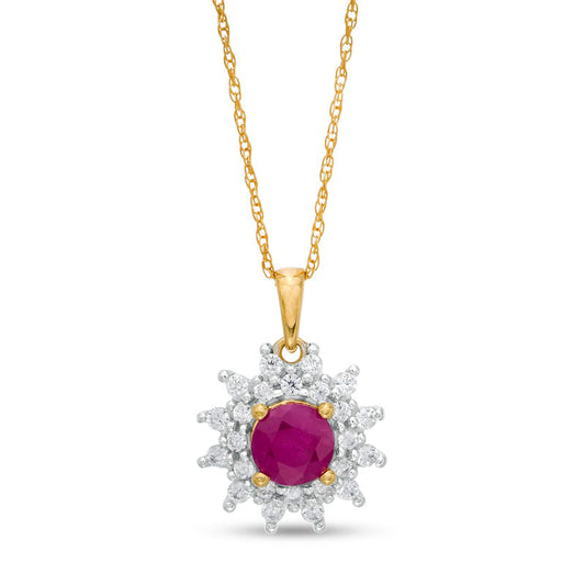 5.0mm Ruby and 0.25 CT. T.W. Natural Diamond Sunburst Frame Pendant in 10K Yellow Gold